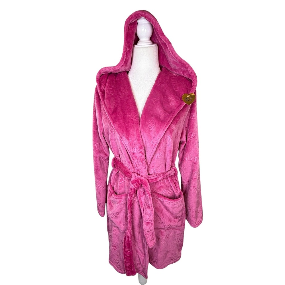 Juicy Couture Pink Plush Hooded Robe S/M Rhinestone Juicy Logo Back NWT